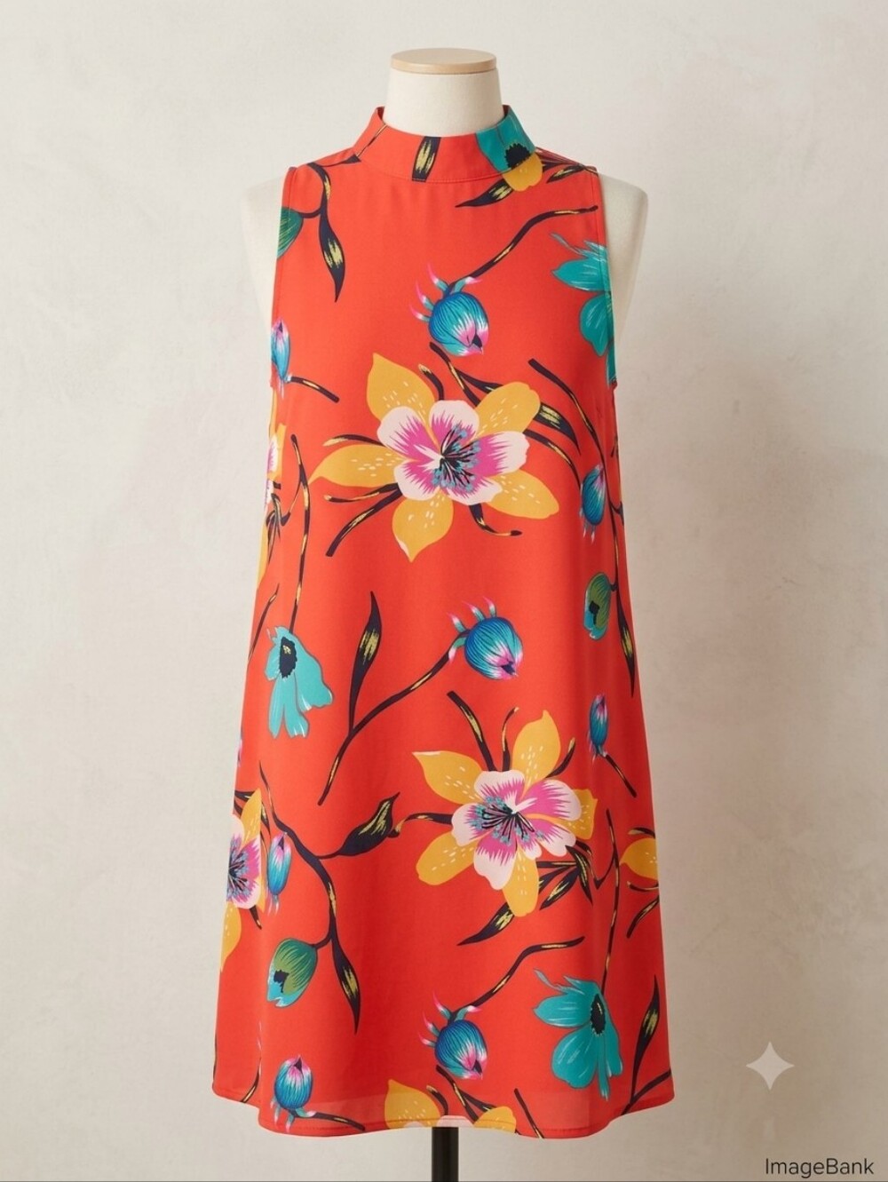 Peach Love Floral High-Neck A-Line Dress in Vibrant Orange, Size Small